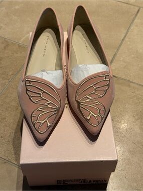 Sophia Webster Blush Pink Suede Pointed Flats with Gold Butterfly Detail New